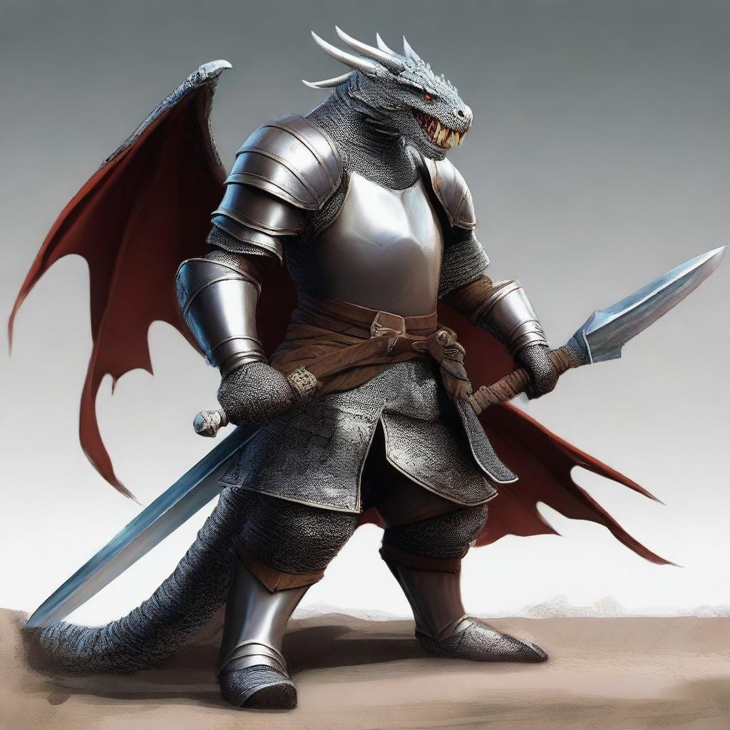 Un personaje de Dragones y Mazmorras, con armadura de cuero, una espada larga y un escudo