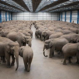 A large warehouse filled with elephants of varying sizes and colours, peacefully cohabitating in the vast, echoey space