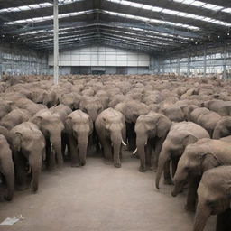 A large warehouse filled with elephants of varying sizes and colours, peacefully cohabitating in the vast, echoey space