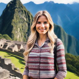 A beautiful Russian blonde woman standing in front of the ancient ruins of Machu Picchu