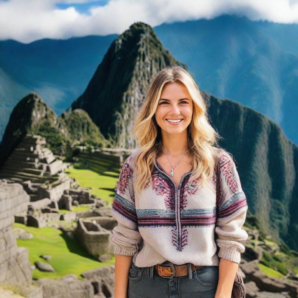 A beautiful Russian blonde woman standing in front of the ancient ruins of Machu Picchu