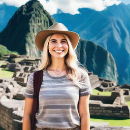 A beautiful Russian blonde woman standing in front of the ancient ruins of Machu Picchu