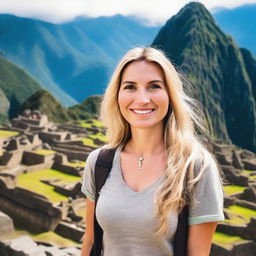 A beautiful Russian blonde woman standing in front of the ancient ruins of Machu Picchu