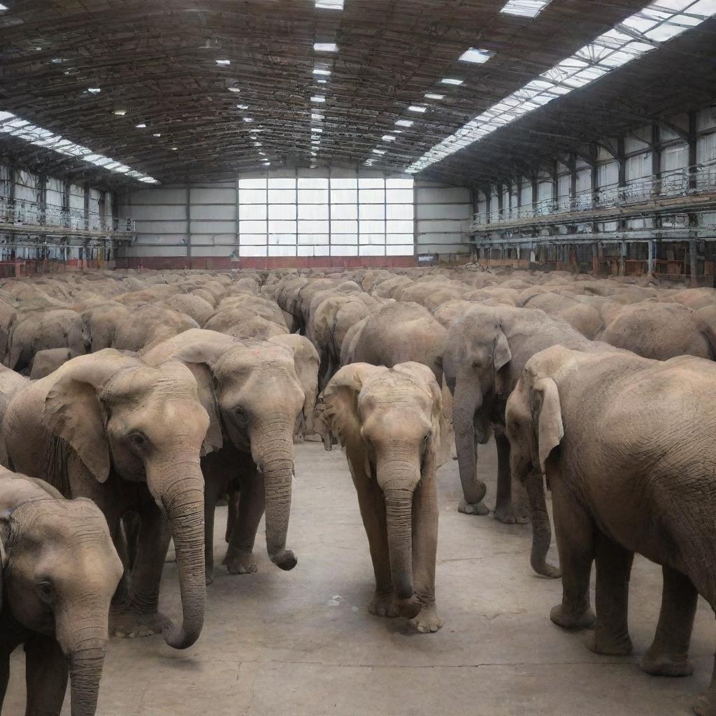 A large warehouse filled with elephants of varying sizes and colours, peacefully cohabitating in the vast, echoey space