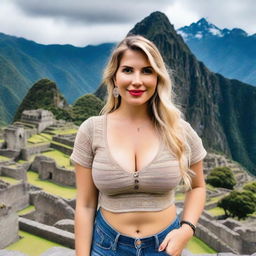 A beautiful Russian blonde woman with a curvy figure, standing in front of the ancient ruins of Machu Picchu