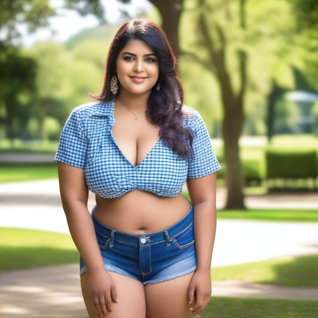 A stunningly beautiful, voluptuous, and plump Indian woman posing in a park on a bright day