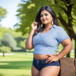 A stunningly beautiful, voluptuous, and plump Indian woman posing in a park on a bright day