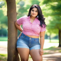 A stunningly beautiful, voluptuous, and plump Indian woman posing in a park on a bright day