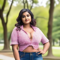 A stunningly beautiful, voluptuous, and plump Indian woman posing in a park on a bright day