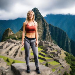 A fit and attractive young Russian blonde woman standing in front of the ancient ruins of Machu Picchu