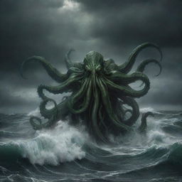 a detailed and menacing depiction of Cthulhu, emerging from the ocean's murky depths against a tumultuous stormy backdrop