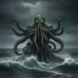 a detailed and menacing depiction of Cthulhu, emerging from the ocean's murky depths against a tumultuous stormy backdrop