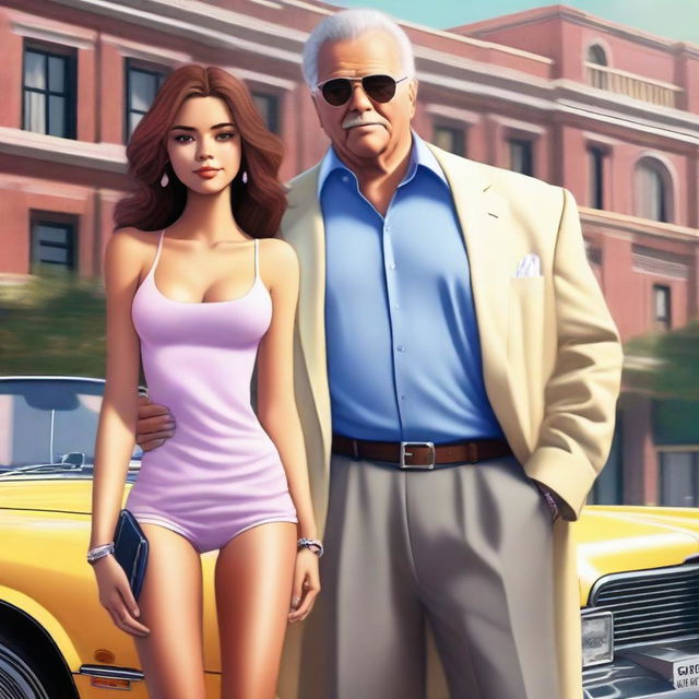 An ultra-realistic depiction of a beautiful 18-year-old teen with a fit body and prominent features, standing next to an older man who appears to be her sugar daddy