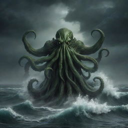 a detailed and menacing depiction of Cthulhu, emerging from the ocean's murky depths against a tumultuous stormy backdrop