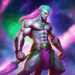 A male astral elf barbarian with pink skin and green hair, wielding a greatsword