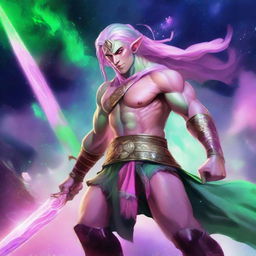 A male astral elf barbarian with pink skin and green hair, wielding a greatsword