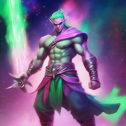 A male astral elf barbarian with pink skin and green hair, wielding a greatsword