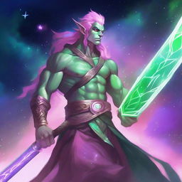 A male astral elf barbarian with pink skin and green hair, wielding a greatsword