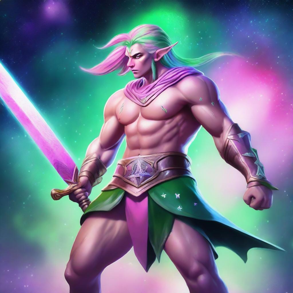 A male astral elf barbarian with pink skin and green hair, wielding a greatsword