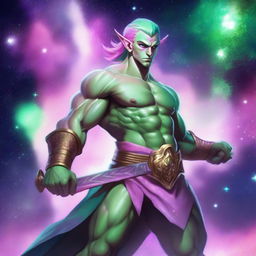 A male astral elf barbarian with pink skin and green hair, wielding a greatsword