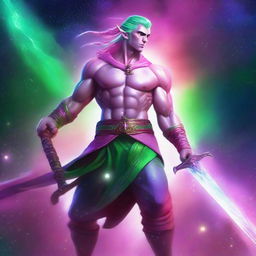 A male astral elf barbarian with pink skin and green hair, wielding a greatsword