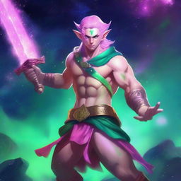 A male astral elf barbarian with pink skin and green hair, wielding a greatsword