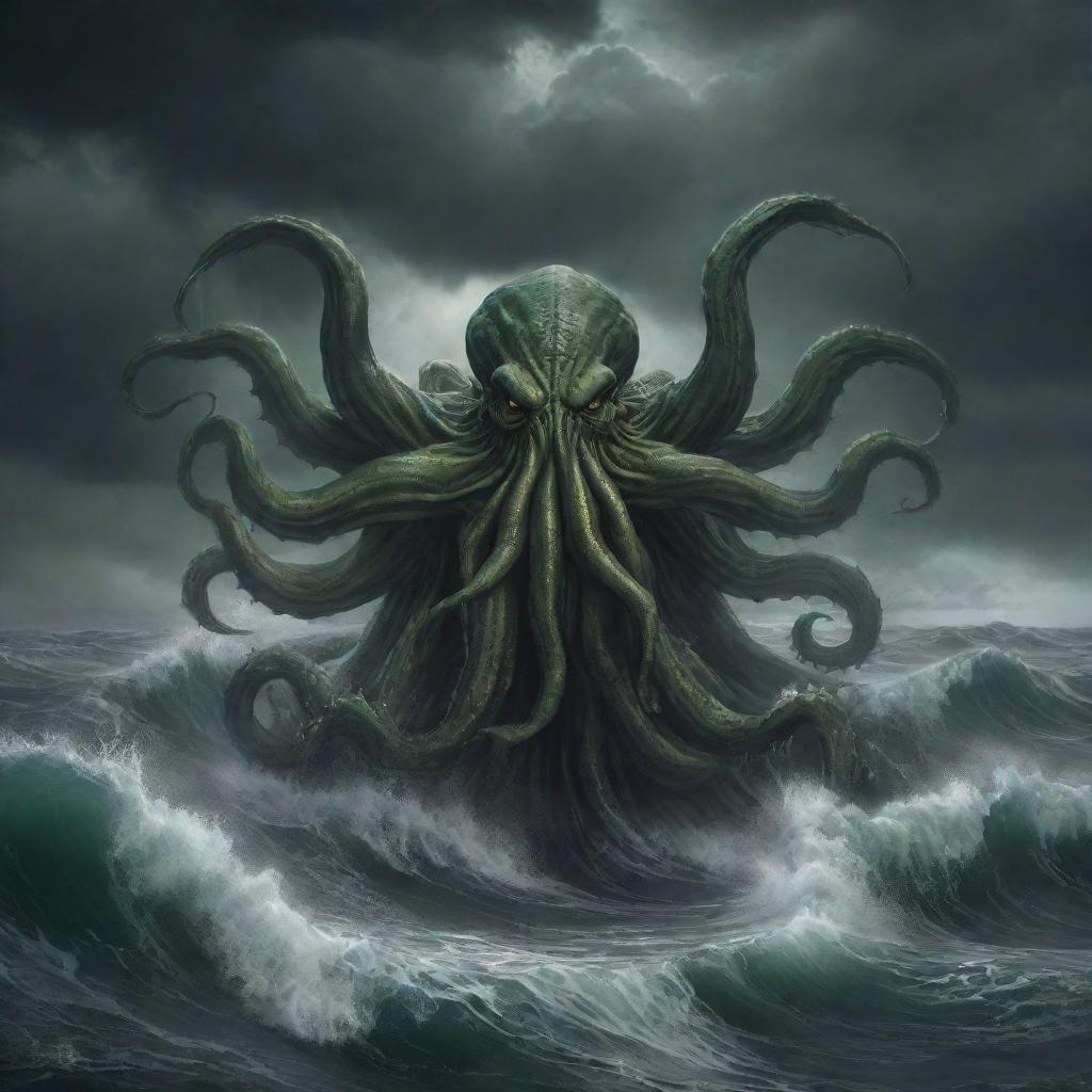 a detailed and menacing depiction of Cthulhu, emerging from the ocean's murky depths against a tumultuous stormy backdrop