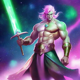 A male astral elf barbarian with pink skin and green hair, wielding a greatsword
