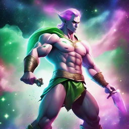 A male astral elf barbarian with pink skin and green hair, wielding a greatsword