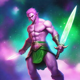 A male astral elf barbarian with pink skin and green hair, wielding a greatsword