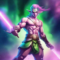 A male astral elf barbarian with pink skin and green hair, wielding a greatsword