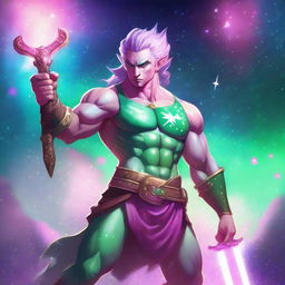 A male astral elf barbarian with pink skin and green hair, wielding a greatsword