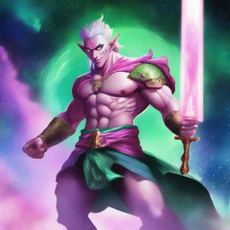 A male astral elf barbarian with pink skin and green hair, wielding a greatsword