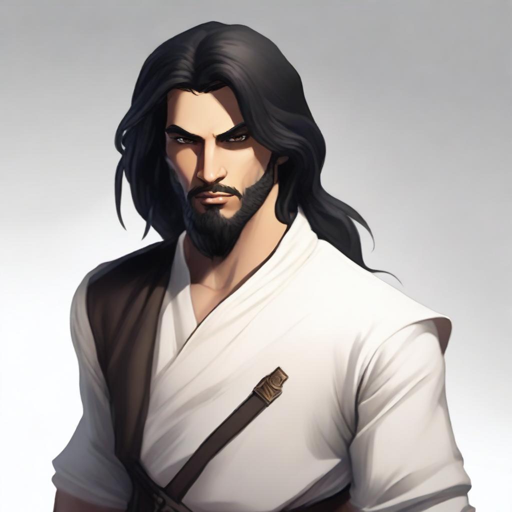 A detailed character portrait of Feeqaad ibn Ha'gha al-Mee, a male human rogue with a neutral alignment