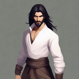 A detailed character portrait of Feeqaad ibn Ha'gha al-Mee, a male human rogue with a neutral alignment