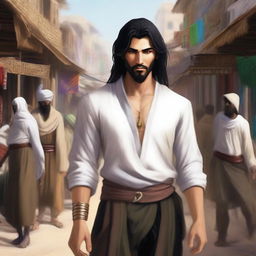 A depiction of Feeqaad ibn Ha'gha al-Mee, a male human rogue with a neutral alignment