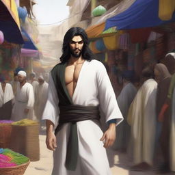 A depiction of Feeqaad ibn Ha'gha al-Mee, a male human rogue with a neutral alignment