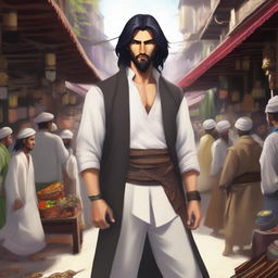 A depiction of Feeqaad ibn Ha'gha al-Mee, a male human rogue with a neutral alignment