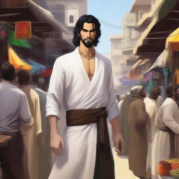 A depiction of Feeqaad ibn Ha'gha al-Mee, a male human rogue with a neutral alignment