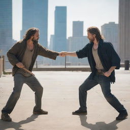 Two homeless men engaging in a non-lethal sword fight with wooden swords amidst a bustling city background.