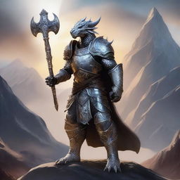 A majestic silver dragonborn Paladin standing tall with a glowing sword and shield, wearing elaborate armor adorned with intricate designs