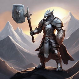 A majestic silver dragonborn Paladin standing tall with a glowing sword and shield, wearing elaborate armor adorned with intricate designs