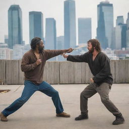 Two homeless men engaging in a non-lethal sword fight with wooden swords amidst a bustling city background.