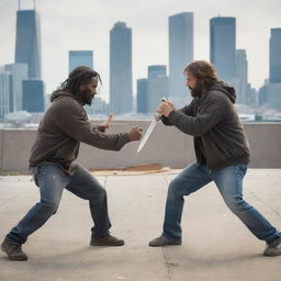 Two homeless men engaging in a non-lethal sword fight with wooden swords amidst a bustling city background.