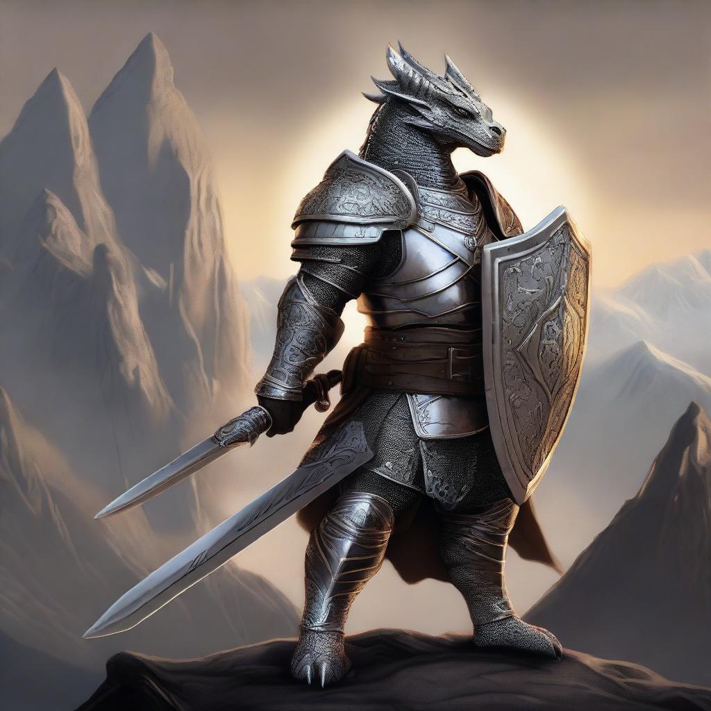 A powerful silver dragonborn paladin wielding a longsword and shield, standing proudly in full armor