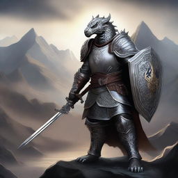 A powerful silver dragonborn paladin wielding a longsword and shield, standing proudly in full armor