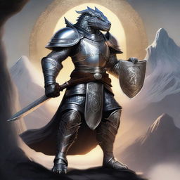 A powerful silver dragonborn paladin wielding a longsword and shield, standing proudly in full armor