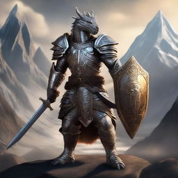 A powerful silver dragonborn paladin wielding a longsword and shield, standing proudly in full armor