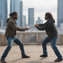 Two homeless men engaging in a non-lethal sword fight with wooden swords amidst a bustling city background.