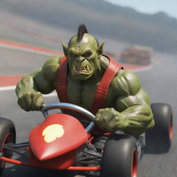 A muscular, green-skinned orc with pointed ears and a gleaming pair of tusks, sporting goggles, driving a red speed kart on a challenging race track.